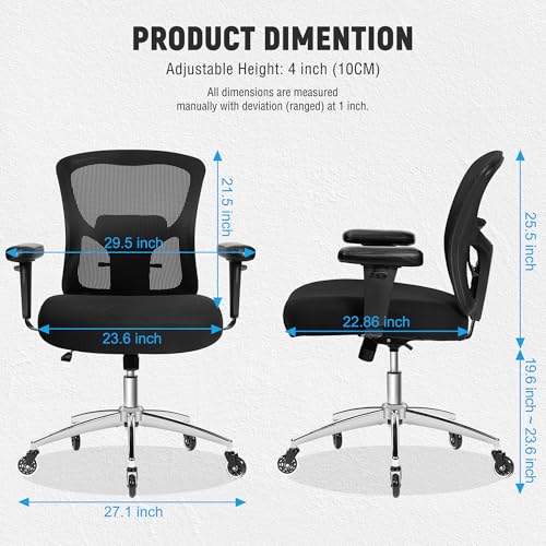Big and Tall Office Chair 600lbs, Heavy Duty Ergonomic Mesh Chair, Computer Executive Desk Chair with Wide Thick Seat, Adjustable Armrests, Lumbar Support - size: 605LBS