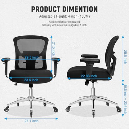Big and Tall Office Chair 600lbs, Heavy Duty Ergonomic Mesh Chair, Computer Executive Desk Chair with Wide Thick Seat, Adjustable Armrests, Lumbar Support - size: 605LBS