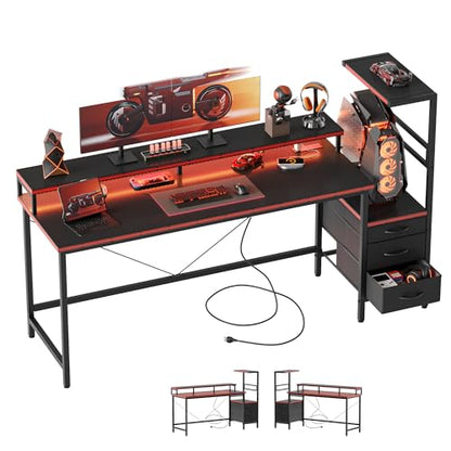 Mericonia 60 inch Gaming Desk with Drawers, Reversible Computer Desk, Black - color: Carbon Fiber, size: 60"