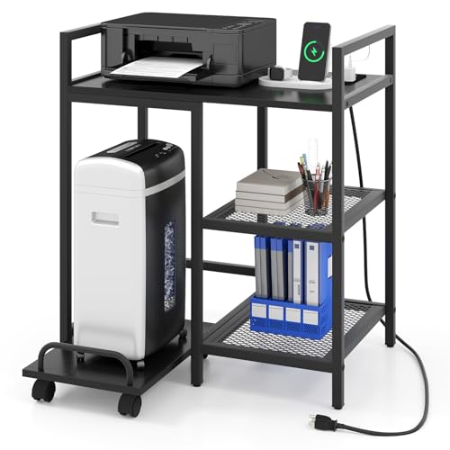 Giantex 3-Tier Printer Stand with Charging Station, 2 Open Storage Shelves, Side PC Stand on Wheels, 25" x 16" Mobile Printer Table for Computer Tower, Printer Shredder, Fax, Under Desk, Home Office - color: Black