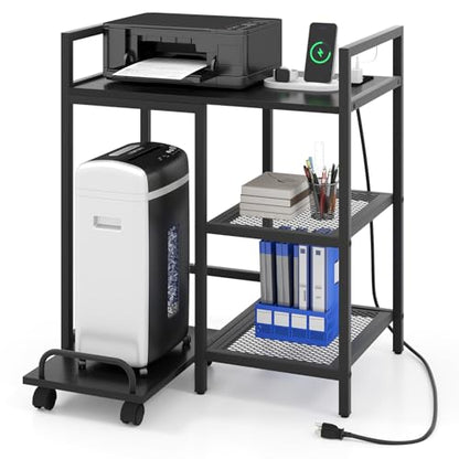 Giantex 3-Tier Printer Stand with Charging Station, 2 Open Storage Shelves, Side PC Stand on Wheels, 25" x 16" Mobile Printer Table for Computer Tower, Printer Shredder, Fax, Under Desk, Home Office - color: Black