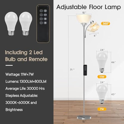 GERGO Torchiere Floor Lamp with Remote Control and Adjustable Reading Light - color: Brushed Nickel