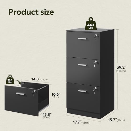 DEVAISE 3 Drawer Wood File Cabinet with Lock, Printer Stand, Black - color: Black