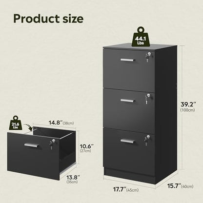 DEVAISE 3 Drawer Wood File Cabinet with Lock, Printer Stand, Black - color: Black