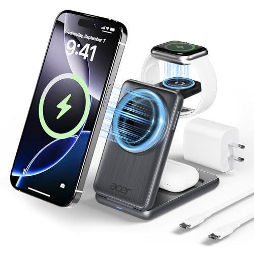 Acer 3 in 1 Charging Station for Apple Device, Magnetic Palm-Sized Foldable Fast Charger Stand Compatible with MagSafe for iPhone 17, Apple Watch & AirPods, Foldable Charging Dock for Desk S3 - color: SL-S3-Silver Grey