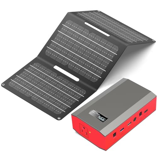 Portable Solar Power Bank with AC Outlet 65W 110V External Battery Pack | 24000mAh Portable Laptop Charger with Foldable Solar Panel 30W for Outdoor Smart Devices Camping Hiking Trip Off Grid Backup - color: Red Black