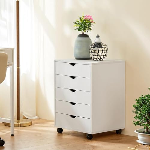 5 Drawer Mobile File Cabinet Under Desk Storage Organization with Wheels Vertical Filing Chest Rolling Wood Small Desk Printer Stand for Home Office, White