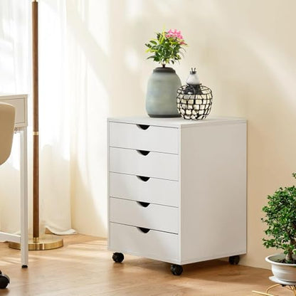 5 Drawer Mobile File Cabinet Under Desk Storage Organization with Wheels Vertical Filing Chest Rolling Wood Small Desk Printer Stand for Home Office, White