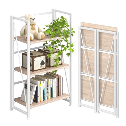 4NM No Assembly Folding Bookshelf Storage Shelves 3 Tiers Vintage Bookcase Standing Racks Study Organizer Home Office (Natural White) - color: Natural White, size: Standard 3 Tiers