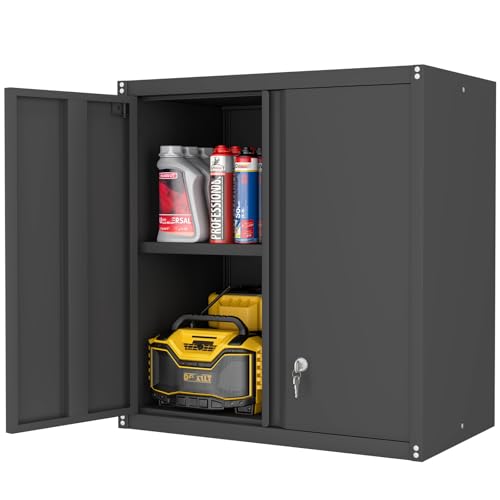 LUCYPAL Garage Storage Cabinet,27.95" H Metal Wall Cabinet with Locking Doors and Adjustable Shelves,Steel Garage Wall Mounted Cabinets for Home Office,Kitchen,Basement,Black - color: Black, size: 27.95"H Wall Cabinet
