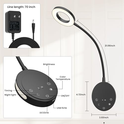 Wall Mounted Reading Light,Headboard Reading Lamp with 5 Color Temperature &5 Dimming,360°Flexible Gooseneck,USB Output, Night Light&Timer Function- Perfect for Reading in Bed Black 2 PCS - color: Black 2 PCS