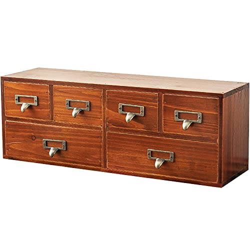 6-Drawer Vintage Desk Organizer Classic Brown Wood Storage Drawers for Tabletop - Slim Retro Style Desktop Organizing Cabinet with 6 Drawers - Office Study Table Wood Storage Box Organizer, 1-pack
