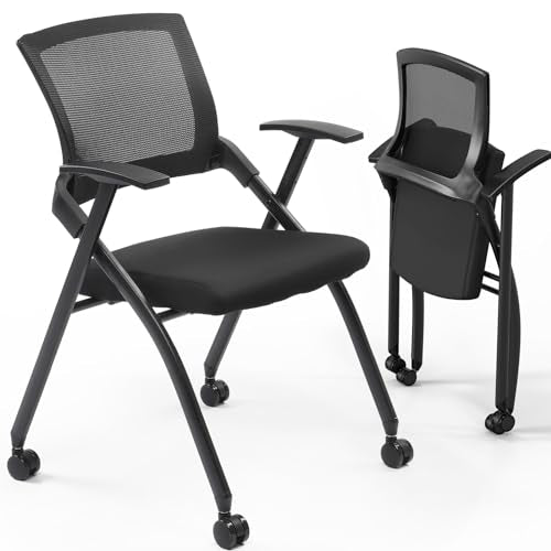 Stackable Conference Room Chairs with Wheels, Stackable Rolling Folding Office Chair with Ergonomic Backrest and Armrest for Guest, Reception, Training Room, Event, 350lbs Capacity (2)