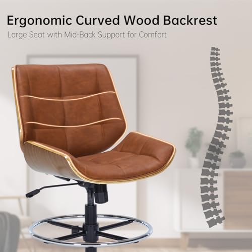 Drafting Office Chair Ergonomic Executive Computer Standing Desk Chair with Adjustable Height and Footrest Ring, Drafting Chair for Counter Height Desk and Drawing (Brown) - color: Brown