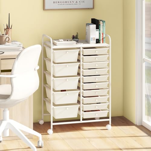 RELAX4LIFE 15-Drawer Storage Drawer Carts - Mobile Rolling Utility Cart w/Wheels, Craft Organizer for Classroom Organization and Storage, School, Office, Home, Storage Organizer Cart (White) - color: White, style: 15 Drawers-34.5"