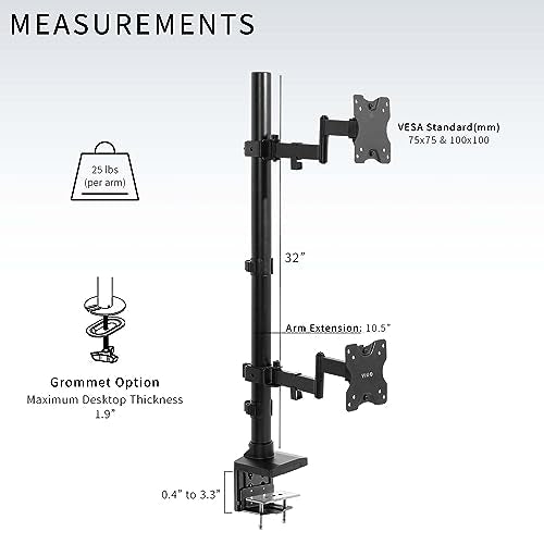 VIVO Dual Vertically Stacked Ultra-Wide Monitor Desk Mount with Extension Arms, Extra Tall Heavy Duty Adjustable Stand for 2 Ultrawide Screens up to 43 inches, 50 lbs Capacity, Black, STAND-V202T