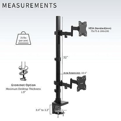 VIVO Dual Vertically Stacked Ultra-Wide Monitor Desk Mount with Extension Arms, Extra Tall Heavy Duty Adjustable Stand for 2 Ultrawide Screens up to 43 inches, 50 lbs Capacity, Black, STAND-V202T