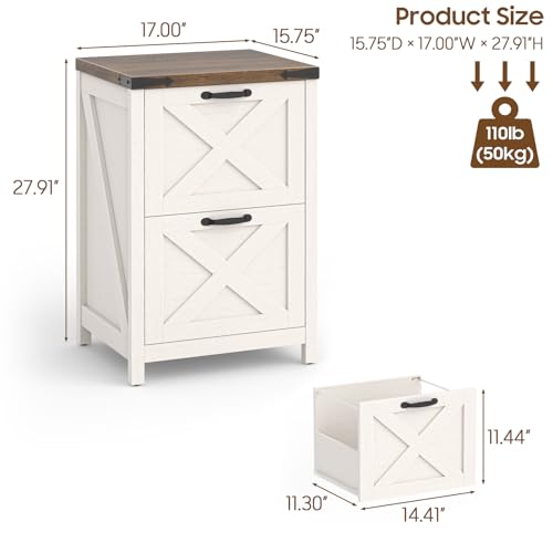 Halitaa Farmhouse File Cabinet with 2 Drawers for Home Office, Rustic White | Vertical Filing Cabinet Fits Letter and A4 Size, Farmhouse Printer Stand, Under Desk Wooden File Cabinet - color: Rustic White