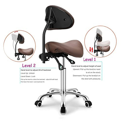 Kaleurrier Saddle Stool with Back Rest,Swivel Rolling Saddle Chair - color: Coffee, style: With Back