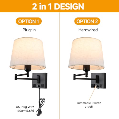 Swing Arm Wall Sconce with Linen Fabric Shade, USB-A & USB-C Charging Ports, Built-in AC Outlet & Rotary Dimmer, Plug-in Adjustable Reading Wall Lamp for Bedside Bedroom Hotel