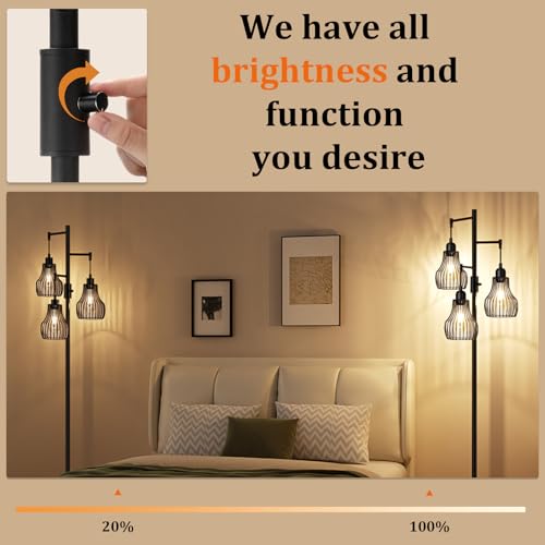 Ziisee Dimmable Floor Lamp, 3 x 800LM LED Edison Bulbs Included, Farmhouse Industrial Floor Lamp Standing Tree Lamp with Elegant Cage Tall Lamps for Living Room Bedroom Office - Black - color: A-Matte Black