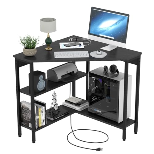 Triangle Corner Desk with Power Outlets, Storage Shelves for Small Space - color: Black