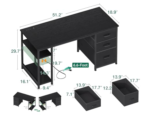 AODK 51 Inch Computer Desk with Drawers & USB Power Outlets - color: Black, size: 51 Inch