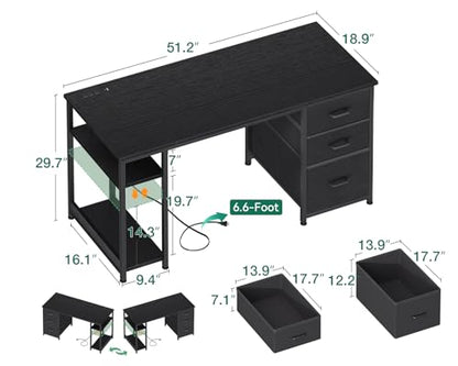 AODK 51 Inch Computer Desk with Drawers & USB Power Outlets - color: Black, size: 51 Inch