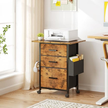 3-Drawer Mobile File Cabinet with 22" Wide Printer Stand, Fabric Filing Cabinet with Side Bag & Headphone Hook, Fits Letter/A4 Size Hanging File Folders, Rolling Home Office Organizer, Rustic Brown - color: Rustic Brown