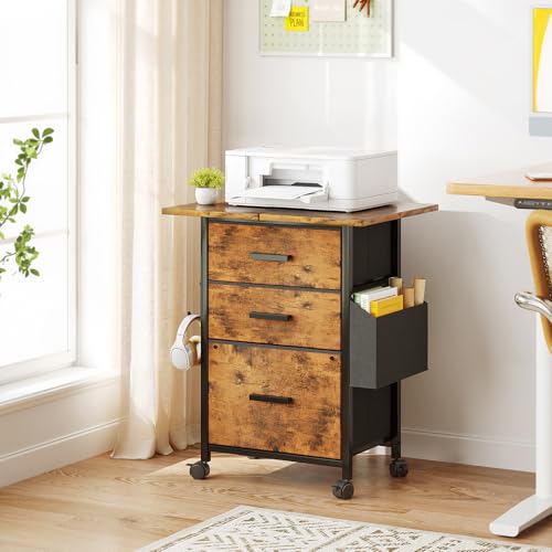 3-Drawer Mobile File Cabinet with 22" Wide Printer Stand, Fabric Filing Cabinet with Side Bag & Headphone Hook, Fits Letter/A4 Size Hanging File Folders, Rolling Home Office Organizer, Rustic Brown - color: Rustic Brown