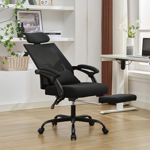Qulomvs Ergonomic Office Chair with Footrest Home Office Desk Chair with Headrest and Backrest Adjustable Mesh Computer Desk Chair with Wheels 360 Swivel Task Chair - color: Black(upgrade Comfort With Pillow)