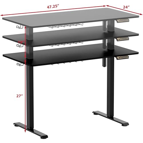 SHW 48-Inch Electric Height Adjustable Sit to Stand Desk, Black | with Hanging Hooks and Cable Management, Black Frame and Black Top - color: Black, size: 48-Inch