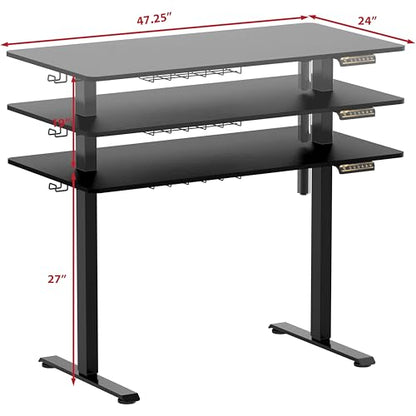 SHW 48-Inch Electric Height Adjustable Sit to Stand Desk, Black | with Hanging Hooks and Cable Management, Black Frame and Black Top - color: Black, size: 48-Inch