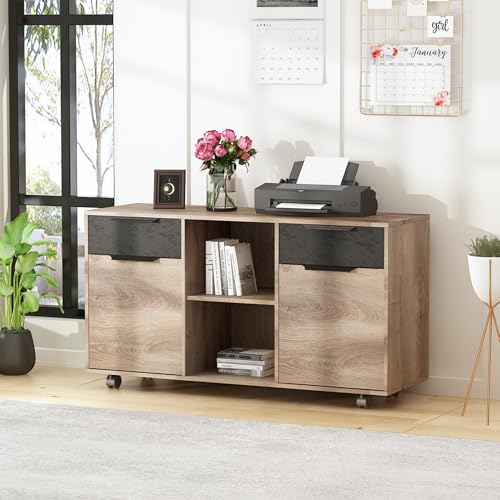 SAINTCY 2-Drawer File Cabinet with Wheels, Mobile Lateral Rolling Under Desk Filing Cabinet, Printer Stand with Open Storage Shelves for Home Office,Mahogany