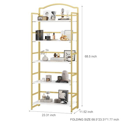 JSB 5 Tier No Assembly Folding Bookshelf, Arched Bookshelf, Foldable Bookcase for Living Room, Bedroom, Office,Skinny Bookshelf (White and Gold) - color: White and Gold, size: 5-Tier