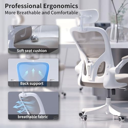 Monhey Office Chair Ergonomic Desk Chair with Lumbar Support&Headrest&Flip-up Arms Height Adjustable Rocking Swivel Computer Chair Multi-Angle from 90° to 125° with 350LBS Capacity (02White+Khaki) - color: 02white+khaki