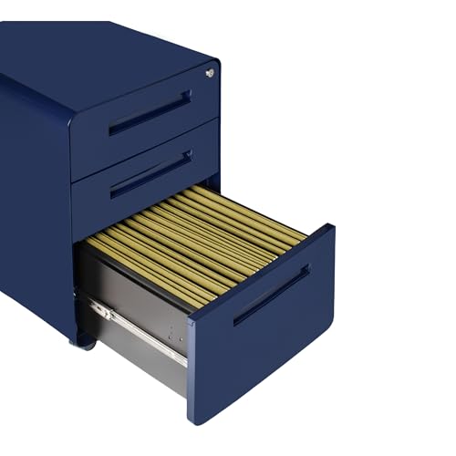 Laura Davidson Furniture Stockpile 3 Drawer File Cabinet with Lock - Under Office Desk Metal Filing Cabinet, Legal/Letter File Folders, Wheels and Stationary Feet, Pre-Assembled, Navy Blue - color: Navy Blue