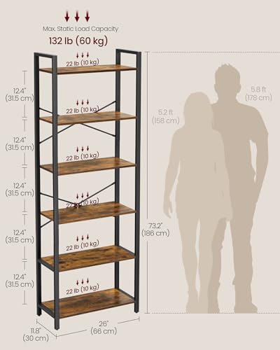 VASAGLE 6-Tier Bookshelf, Bookcase with Steel Frame, Book Shelf for Living Room, Home Office, Study, 11.8 x 26 x 73.2 Inches, Industrial Style, Rustic Brown and Ink Black ULLS062B01 - color: Rustic Brown + Ink Black, size: 6 Tiers (11.8"D x 26"W), style: