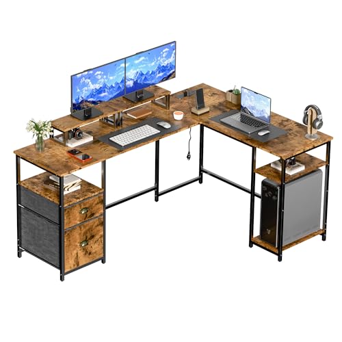 Shahoo 65.3" L Shaped Computer Desk, Corner Home Office Desk with Power Outlets, Ergonomic Monitor Stand, File Drawers & Storage Shelves, Rustic Gaming Desk for Working from Home