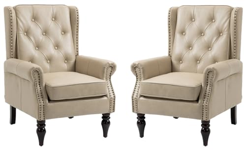 Mid-Century High Wingback Chair Set of 2,Faux Leather Accent Chair Armchair with Buttons,Modern Living Room Chairs with Rivet Decoration,Leisure Single Sofa Chair for Bedroom,Home Reception,Camel - color: Camel Set of 2