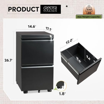 DEVAISE 2 Drawer Mobile File Cabinet, Fully Assembled - color: Black, size: 17"D x 15"W x 27"H