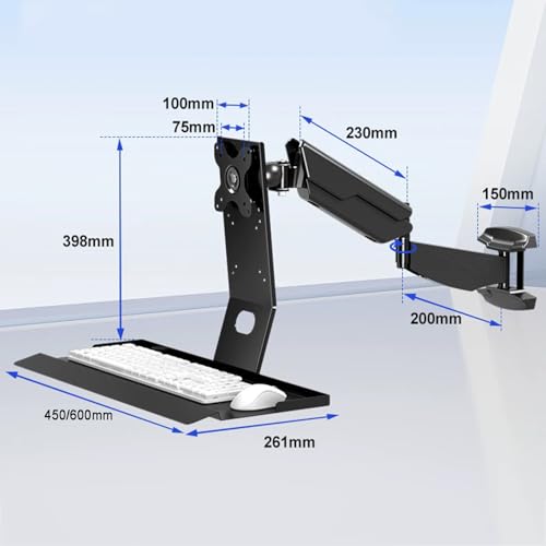 Monitor Wall Mount with Keyboard Tray, Sit-Stand Single Monitor Workstation with Gas Spring Arm, Foldable Typing Platform, Adjustable Height and Angle, Max Load 10 Kg (45cm) - size: 45cm