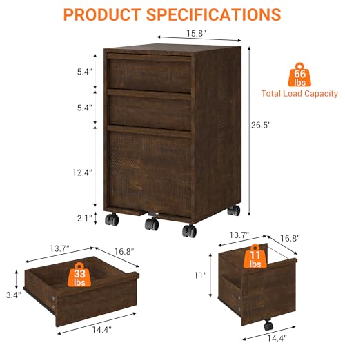 Garvee Rolling File Cabinet with 3 Drawers, Wood Mobile Filing Cabinet for Home Office, Under Desk Printer Stand with Wheels, Large File Drawer, 2 Locking Casters, Brown - color: Brown