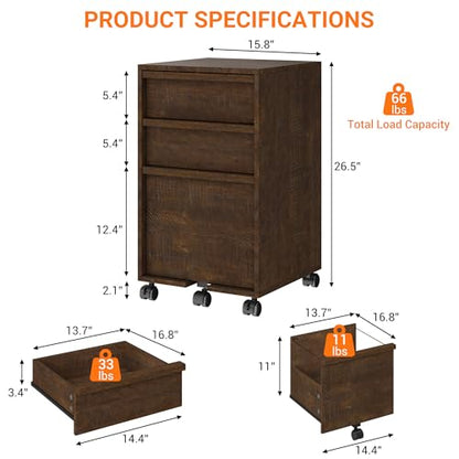 Garvee Rolling File Cabinet with 3 Drawers, Wood Mobile Filing Cabinet for Home Office, Under Desk Printer Stand with Wheels, Large File Drawer, 2 Locking Casters, Brown - color: Brown