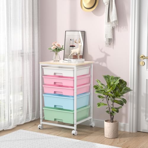 SYKIARIOL Utility Cart with 5 Drawers with Wooden Top, Rainbow - color: Rainbow