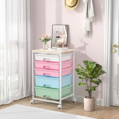SYKIARIOL Utility Cart with 5 Drawers with Wooden Top, Rainbow - color: Rainbow