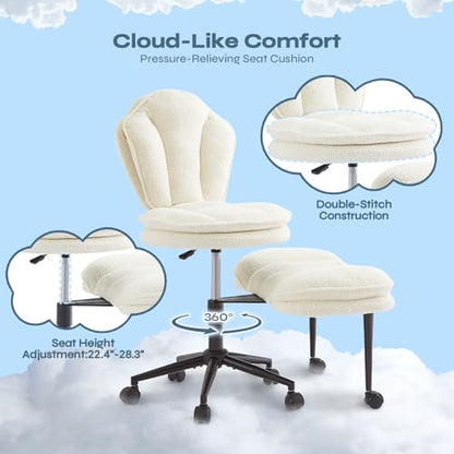 ADHD Cross Legged Office Chair, Swivel Kneeling Meditation Seat | 360° swivel cross-legged chair with reversible seat for ADHD & meditation; adjustable height/depth, plush teddy - color: Off White
