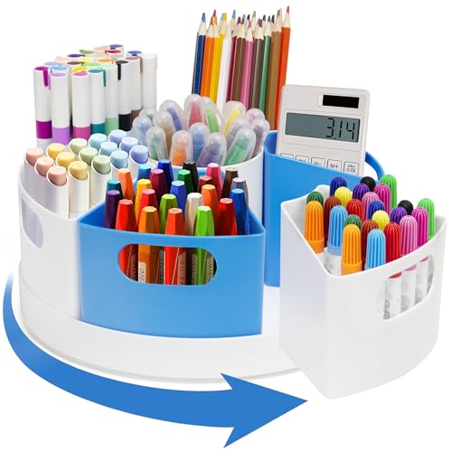 Rotating Art Supply Organizer Storage Caddy for Kids, 7 Bins Craft Crayon Marker Organizers for School Desk, Lazy Susan Pencil Holder for Classroom Organizations (blue and white) - color: blue and white