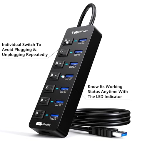 Powered USB Hub 3.0,VEMONT 7 Ports Multi USB hubs and 1 USB Smart Charging Port with 5V/3A Power Supply,USB Extension Splitter with Individual On/Off Switches and 4ft/1.2m Long Cable for PC/Laptop
