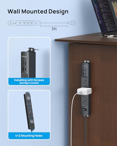 TROND Wall Mount Surge Protector Power Strip with 360 Rotating Plug, 3 ft - color: Black, size: 3FT Rotating Plug